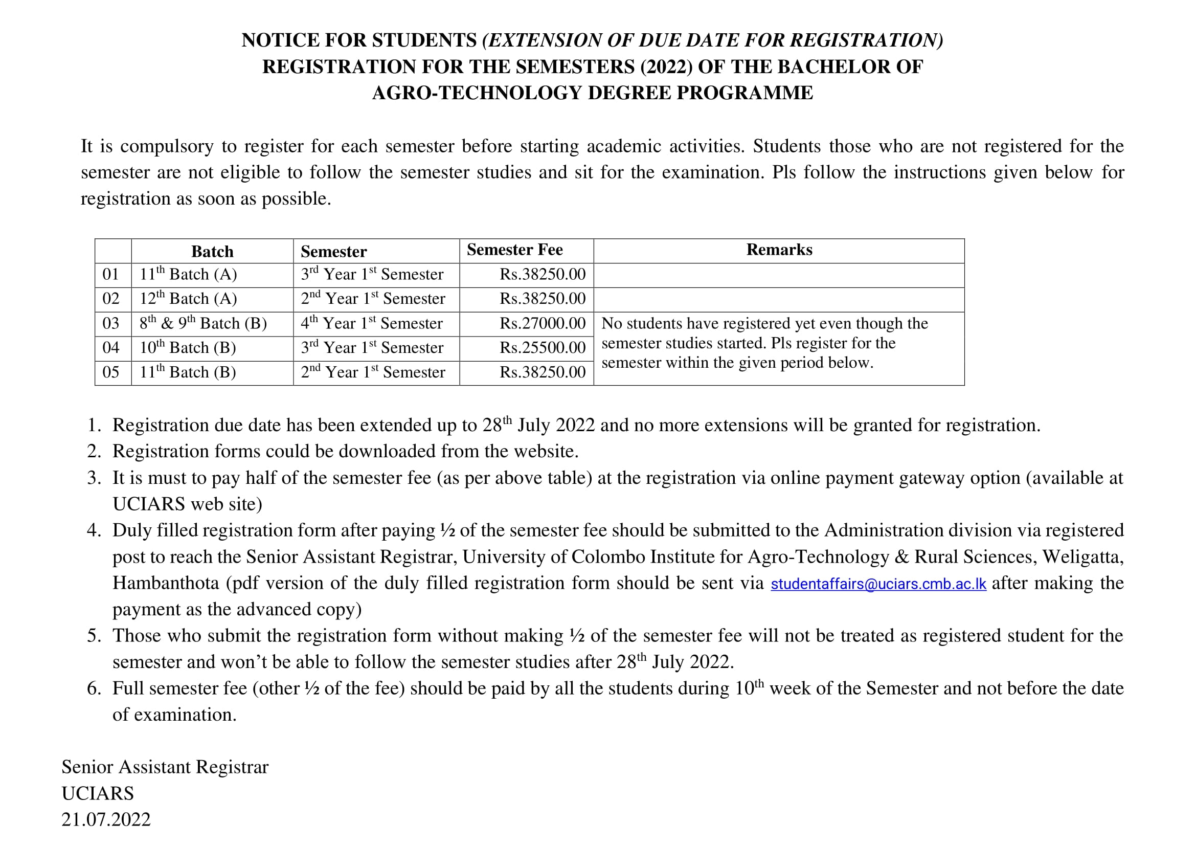 Welcome To UCIARS NOTICE FOR STUDENTS EXTENSION OF DUE DATE FOR
